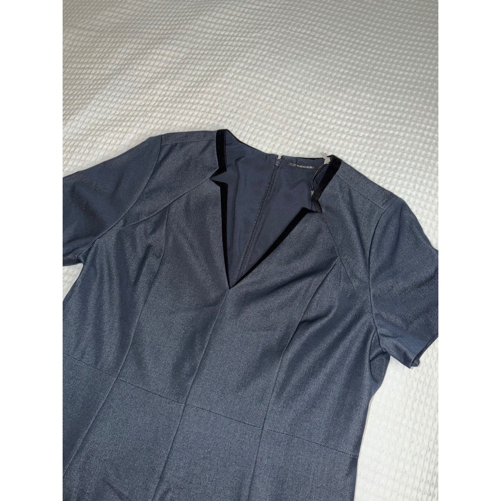 Tahari Sheath Dress Womens 14 Navy Blue Velvet Trim Notched V-Neck Short Sleeve